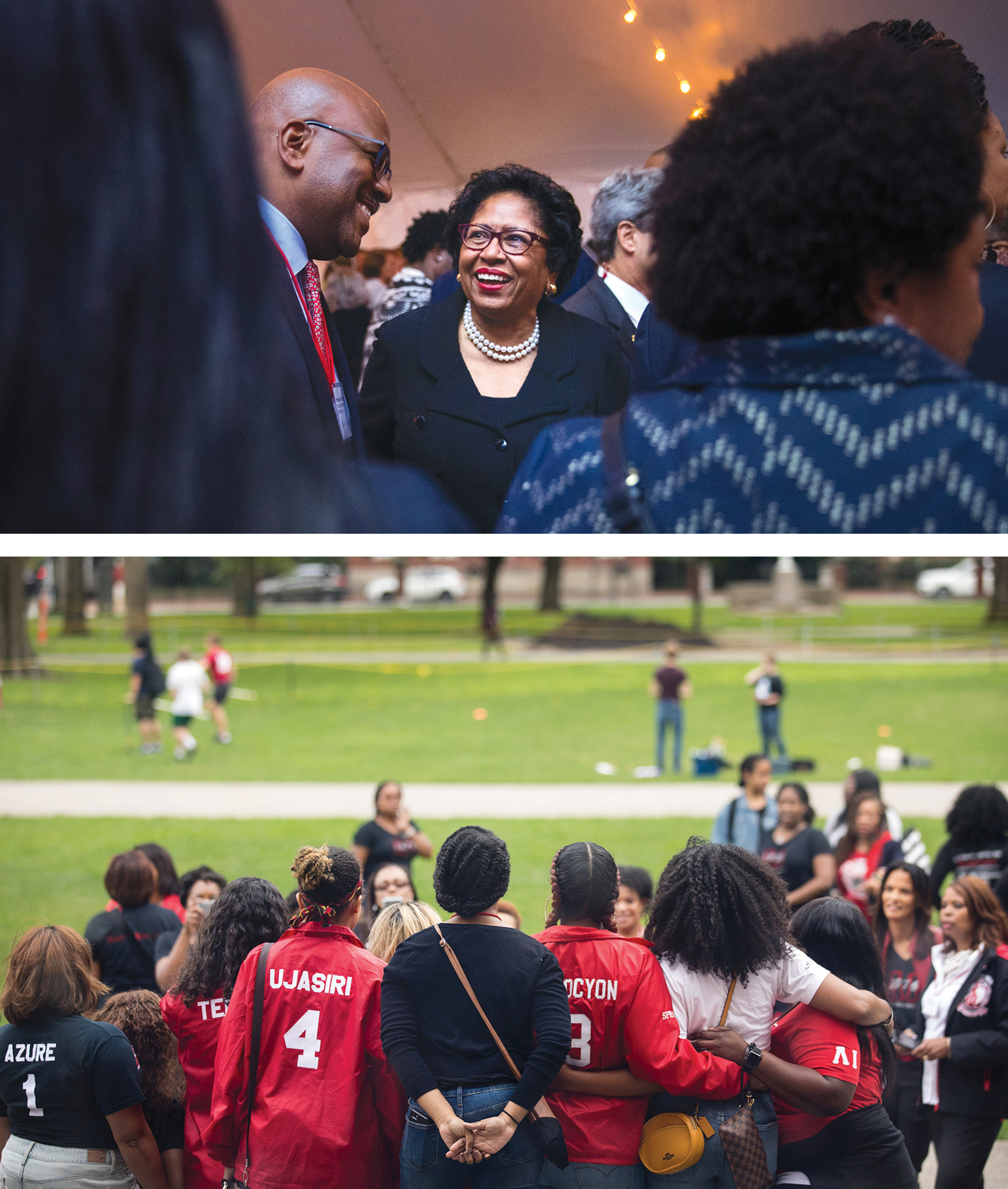 Photo of former President Ruth J. Simmons at top, and at bottom: friends pose for a photo in front of Faunce House.